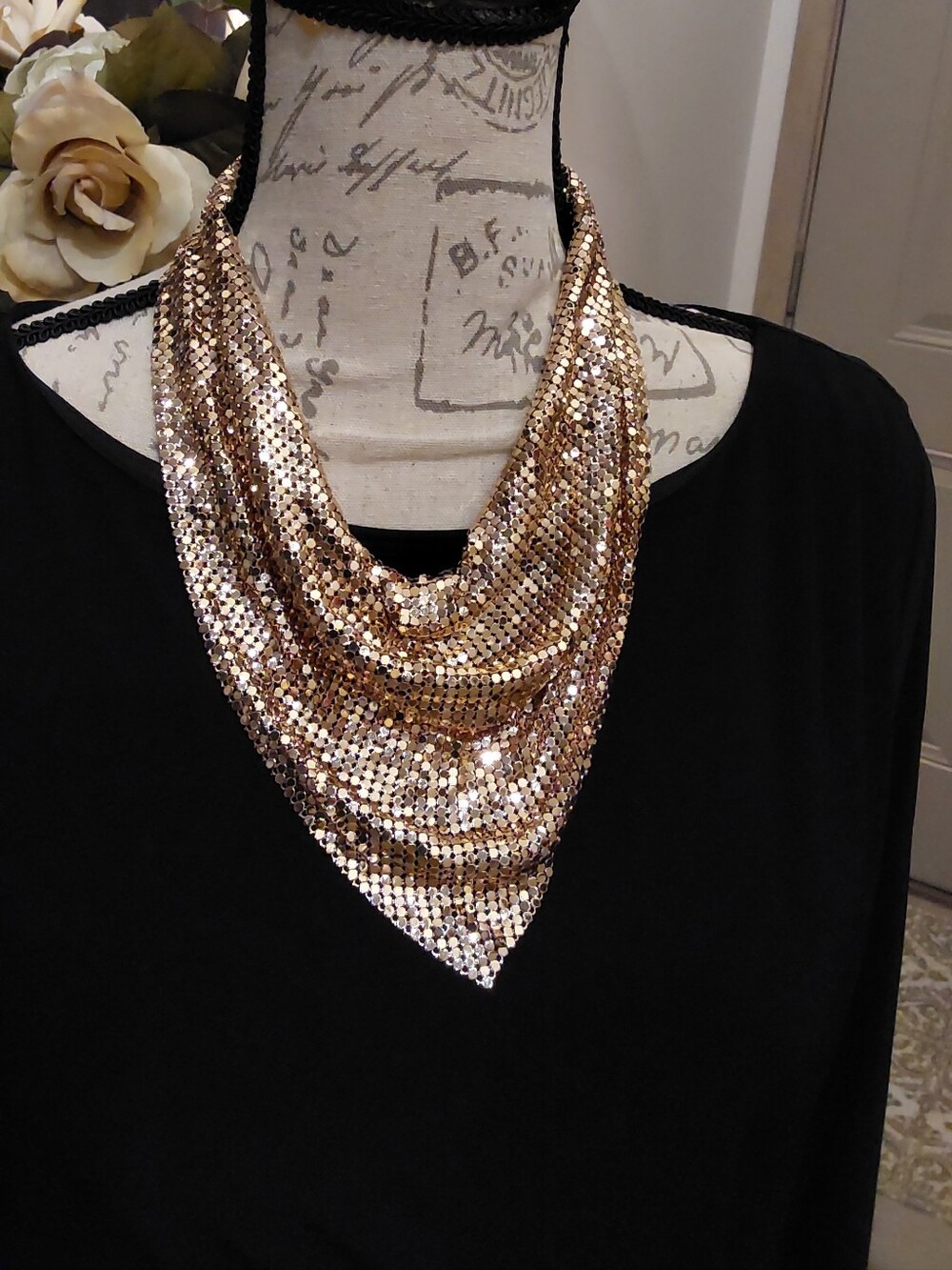Gold Sequin Draped Necklace Bib